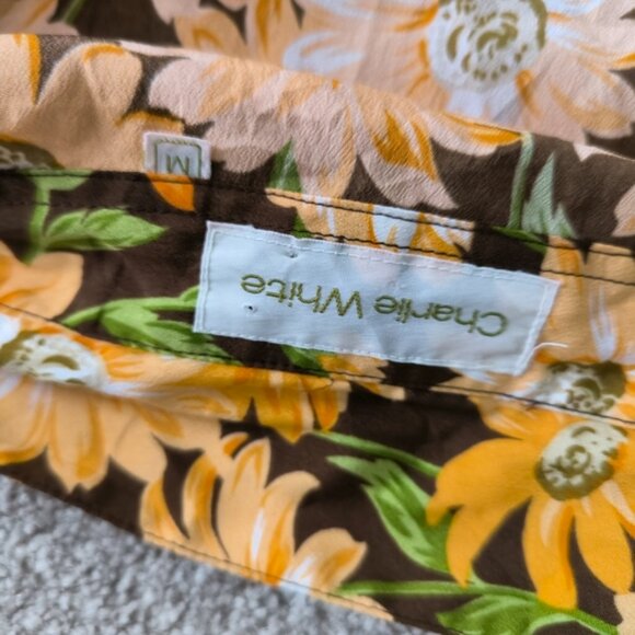 Vintage Charlie White Silk Retro 70s Floral Cottage Tapestry Sunflower Shirt M - Picture 3 of 6